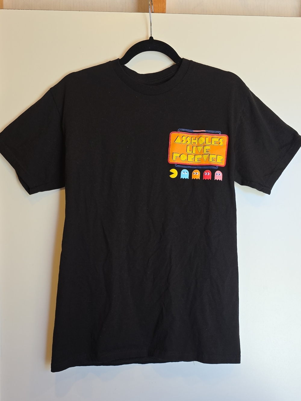 LINDA FINEGOLD Black Tee with Colorful Arcade Pac-Man Graphics